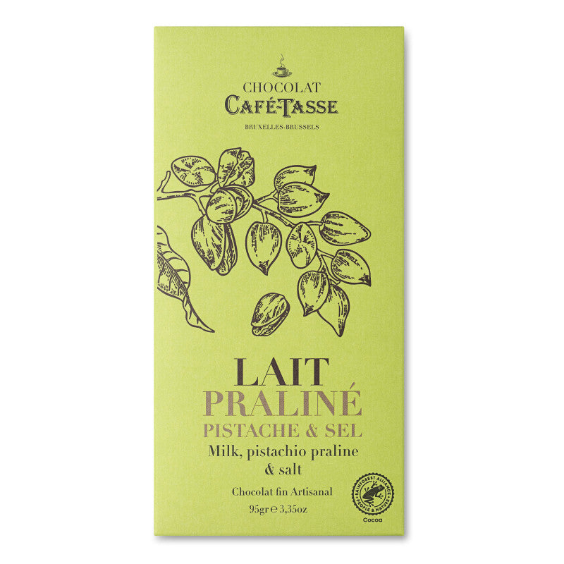 Tablette de chocolat Lait fourrée d'un praliné pistache ,sel & riz soufflé Café Tasse