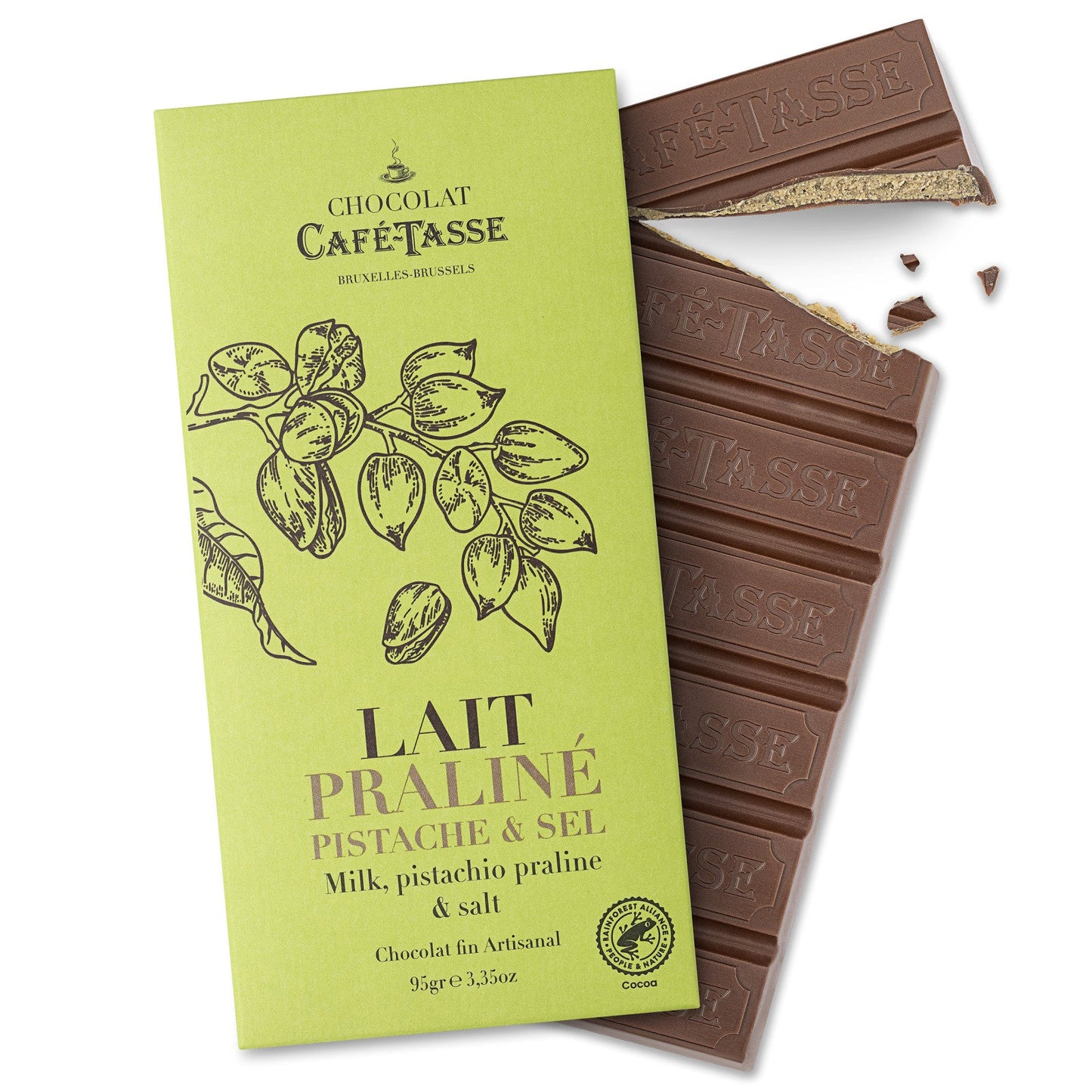Tablette de chocolat Lait fourrée d'un praliné pistache ,sel & riz soufflé Café Tasse