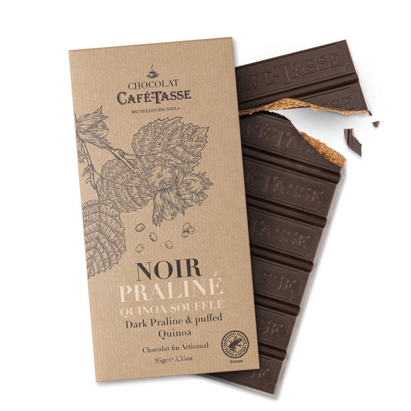 Tablette de chocolat Noir au praliné noisettes et quinoa soufflé Café Tasse