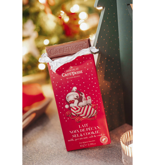Tablette de chocolat au lait noix de pécan crispy sel - édition Noël Café Tasse
