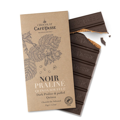 Tablette de chocolat Noir au praliné noisettes et quinoa soufflé Café Tasse