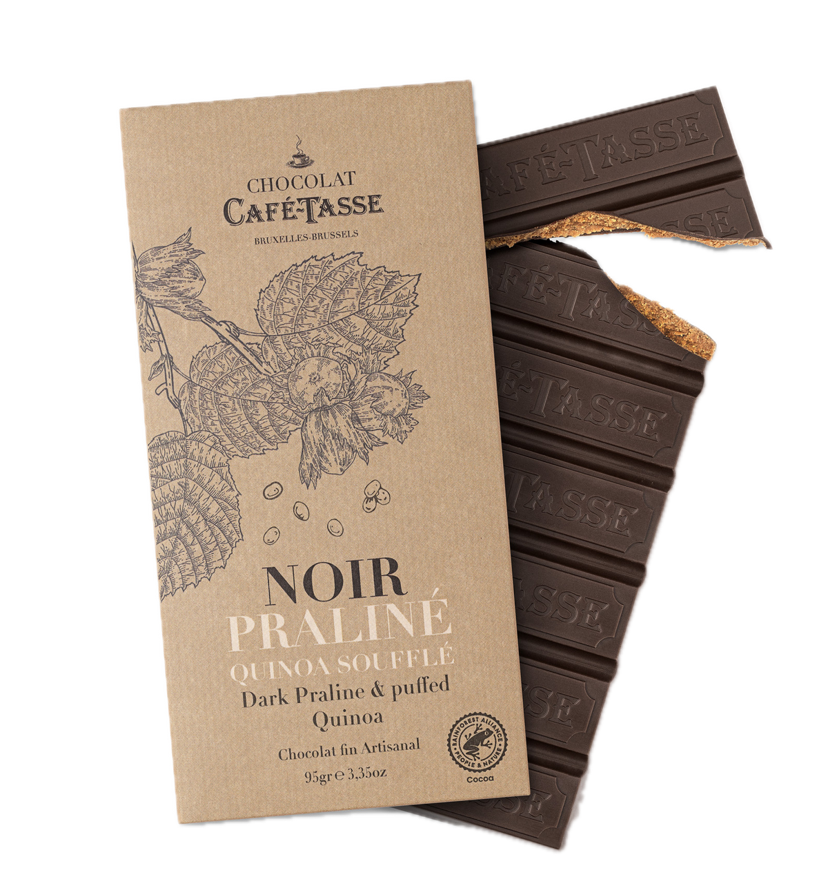 Tablette de chocolat Noir au praliné noisettes et quinoa soufflé - Café Tasse