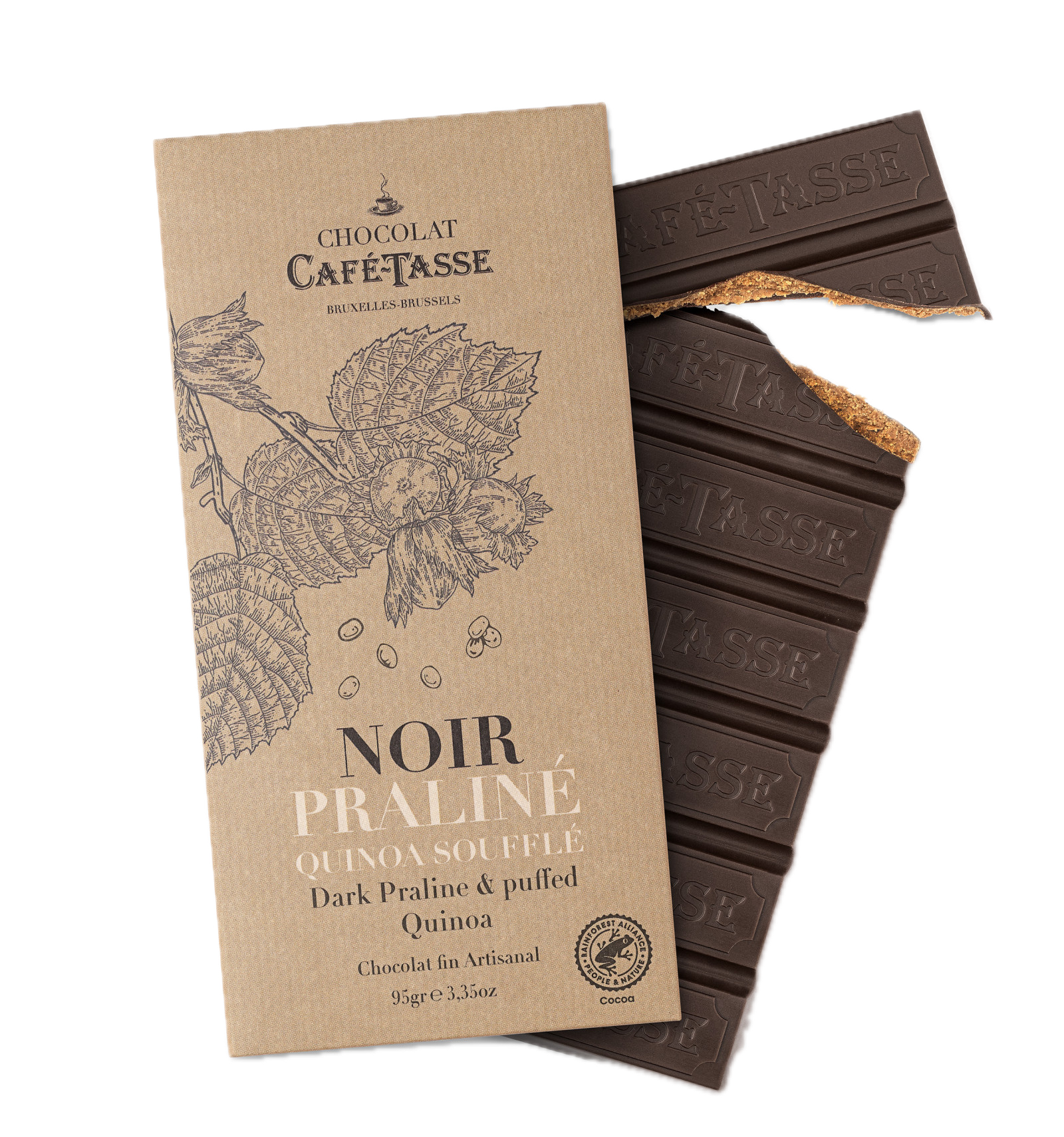 Tablette de chocolat Noir au praliné noisettes et quinoa soufflé - Café Tasse